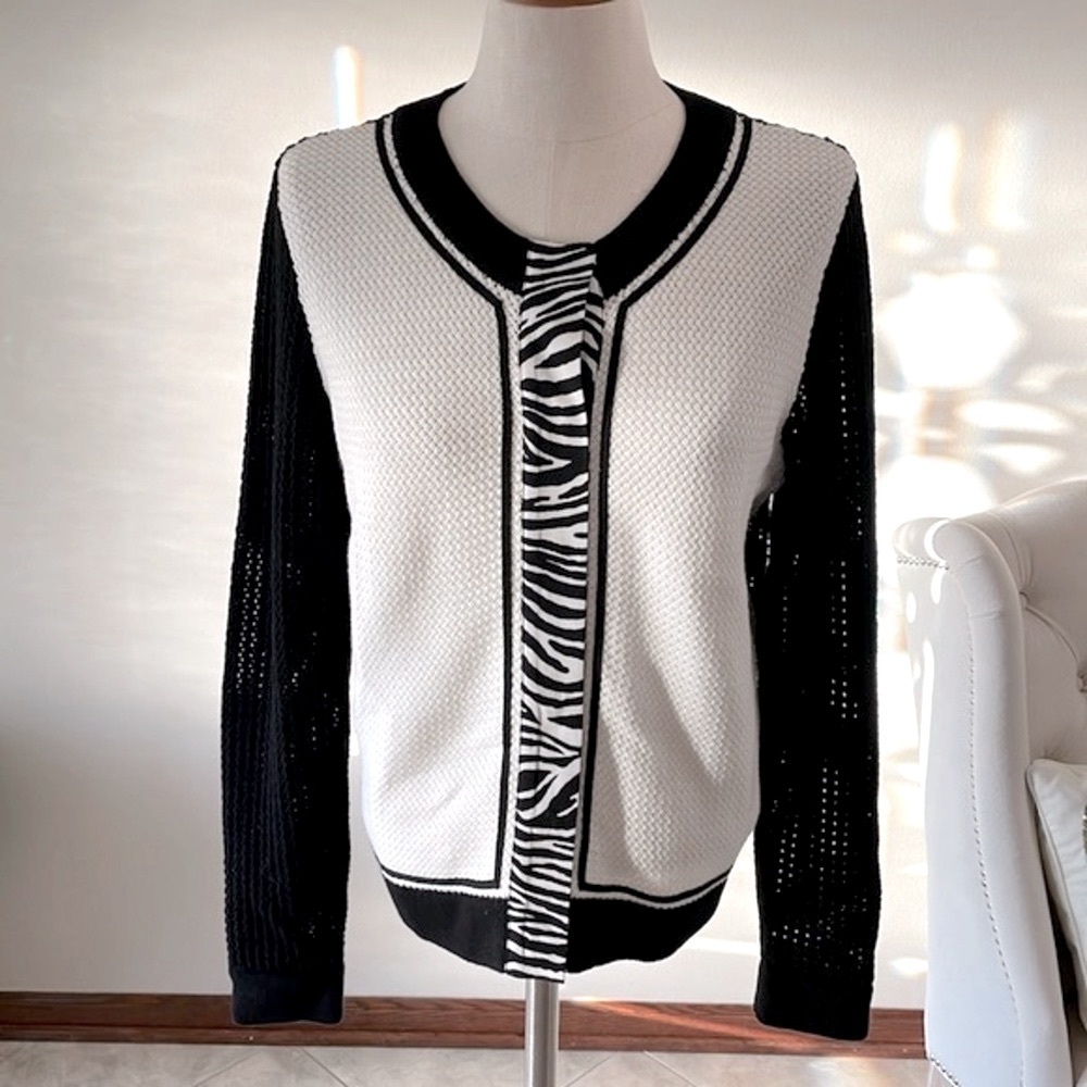 CARLISLE Crochet cotton / silk cardigan sweater snap front closure black white L